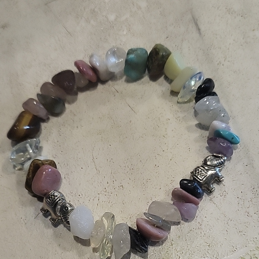 Colorful Gemstone Bracelet with Silver Elephant Charms